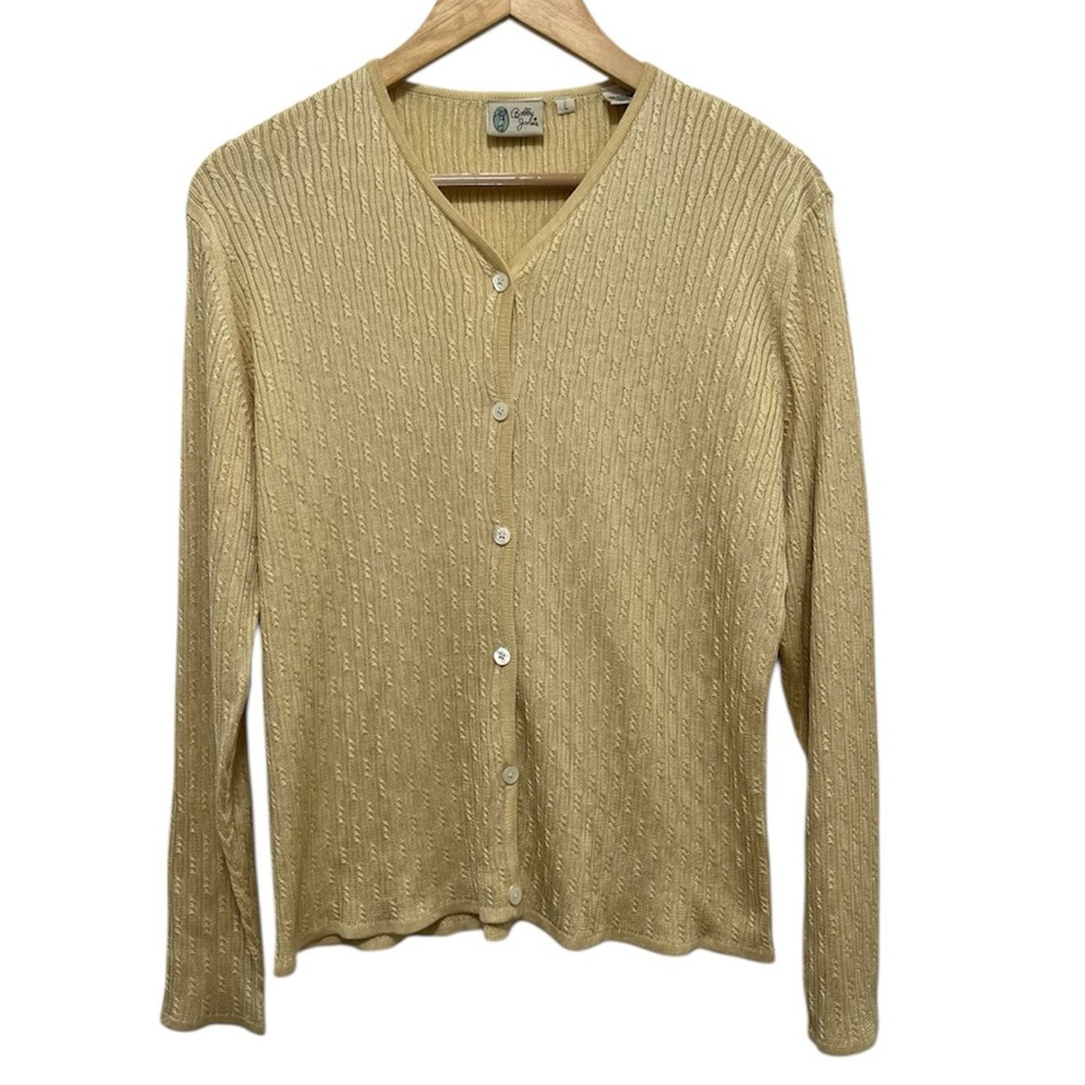 BOBBY JONES Vintage 90s 100% Silk Cable Knit Butter Yellow Cardigan Size Large